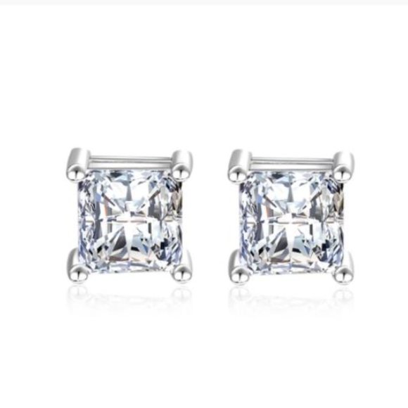 925 Sterling Silver Princess Cut Diamond Earrings - Picture 5 of 5
